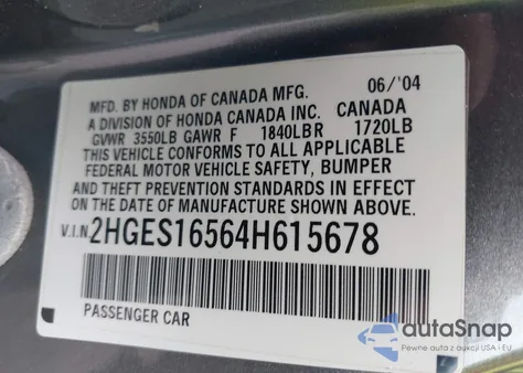 2004 Honda Civic Lx from USA, damaged, VIN 2HGES16564H615678